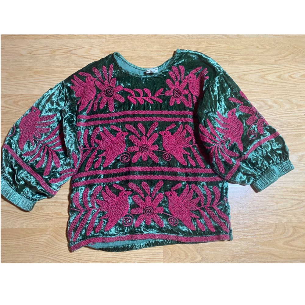 Sister Mary Green Crushed Velvet Embroidered Bird Floral Puff Sleeve Top XS